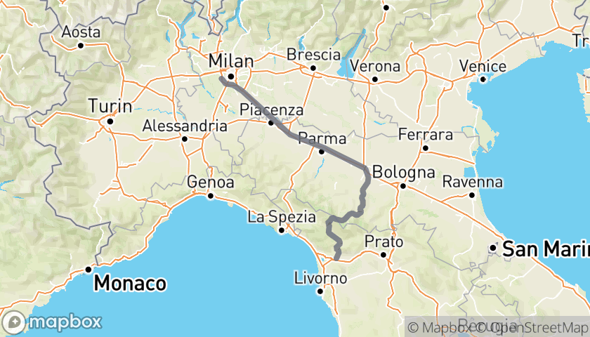 Mappa dell'itinerario Milano-Lucca: Passo delle Radici e la Garfagnana in Moto