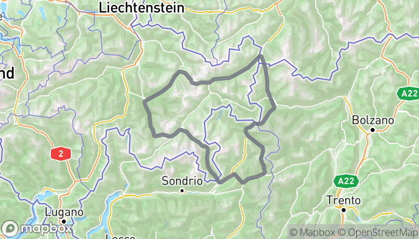 Mappa dell'itinerario Percorso in Moto: Mortirolo, Gavia, Stelvio, Resia, Fluela, Julier, Bernina