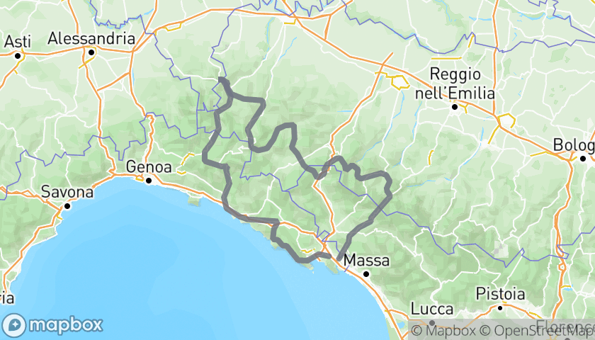 Mappa dell'itinerario Passi dell'Appennino Tosco-Emiliano e Ligure in Moto: da Massa alla Val Trebbia