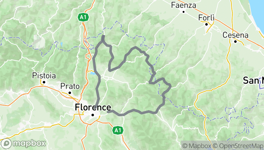 Itinerary map Percorso in Moto da Firenze: Futa, Raticosa, Giogo, Muraglione e Consuma in 270 km di Curve